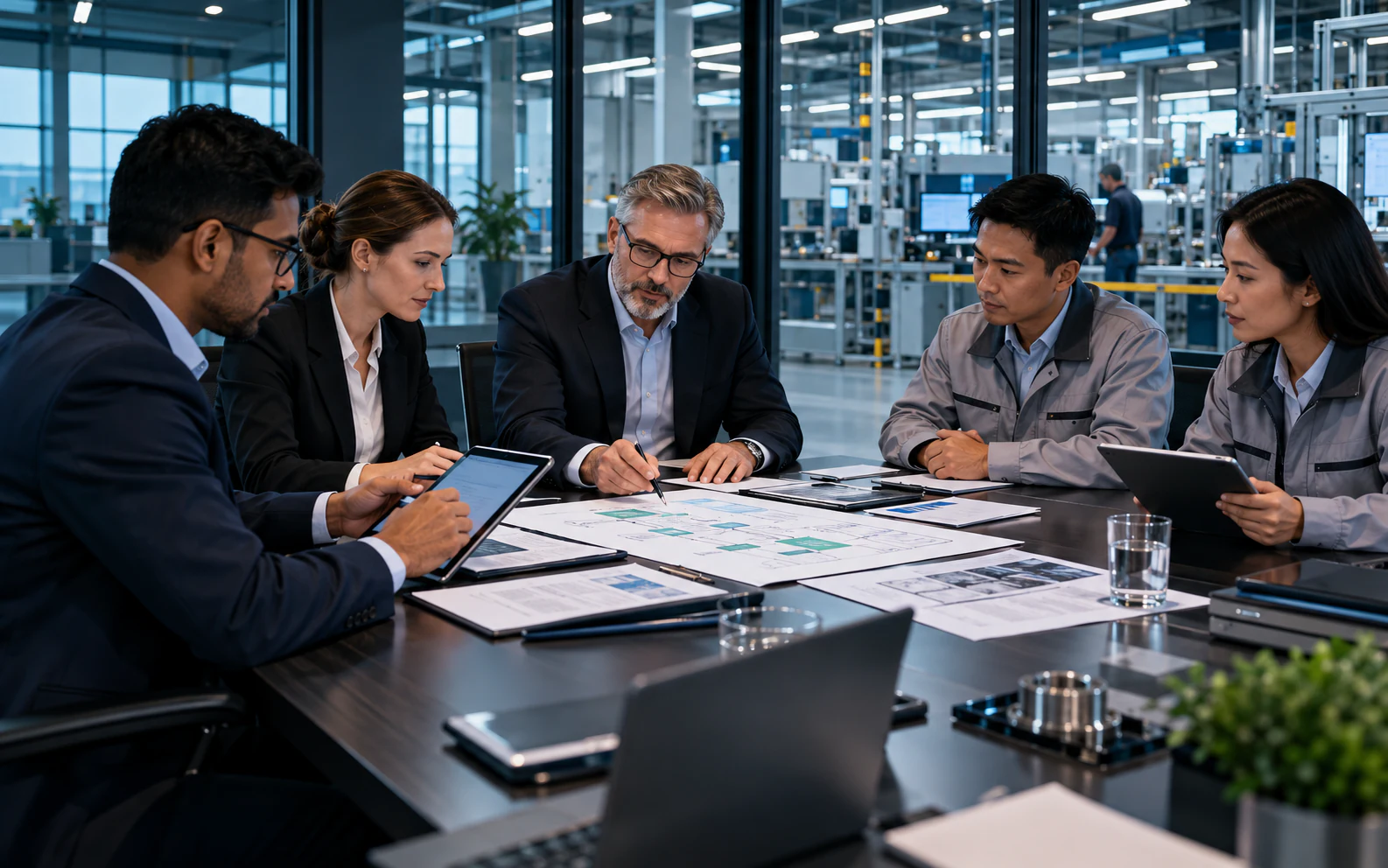 Certification audit team reviewing operational evidence in a modern manufacturing facility