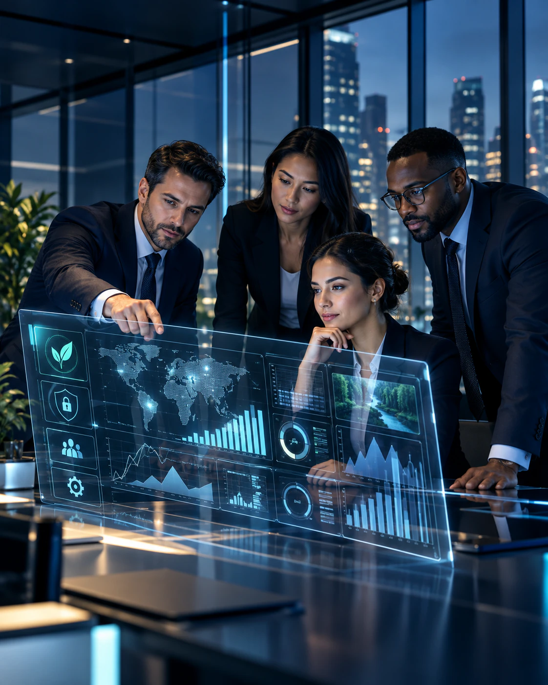 Compliance specialists reviewing an advanced business assurance dashboard