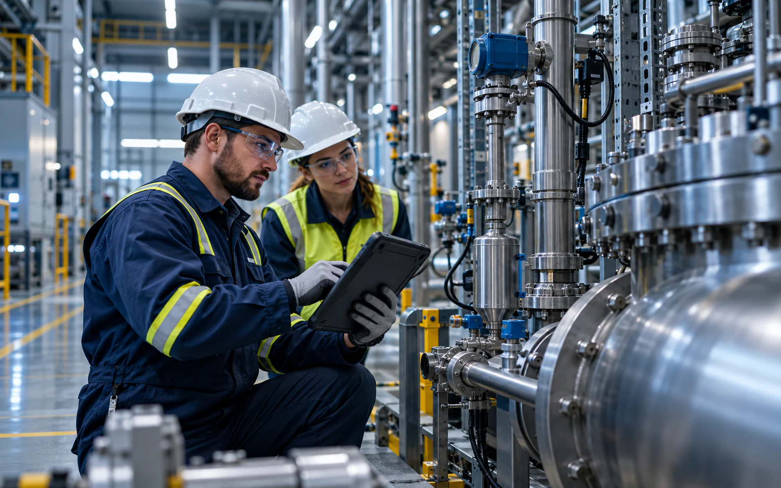 Independent inspector verifying industrial equipment in a modern facility